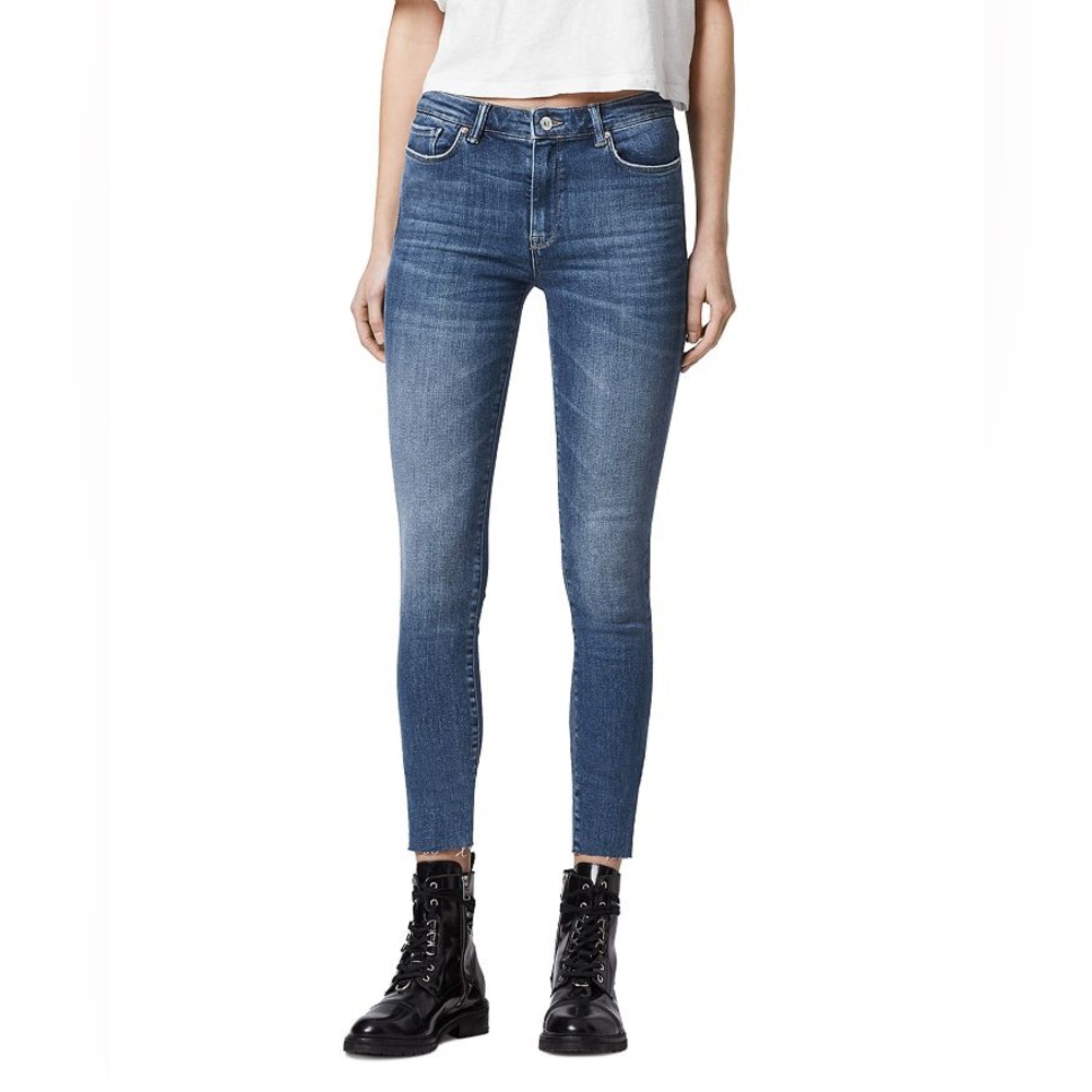 NWT ALLSAINTS Miller Frayed-Hem Skinny Jeans in Mid Indigo
